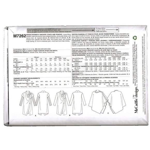 McCall's M7262 Womens 18W to 24W Khaliah Ali Sweater Coats and Poncho Pattern - Picture 2 of 2